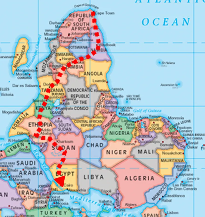 Africa with south at the top, the route marked from Cape Town to Cairo