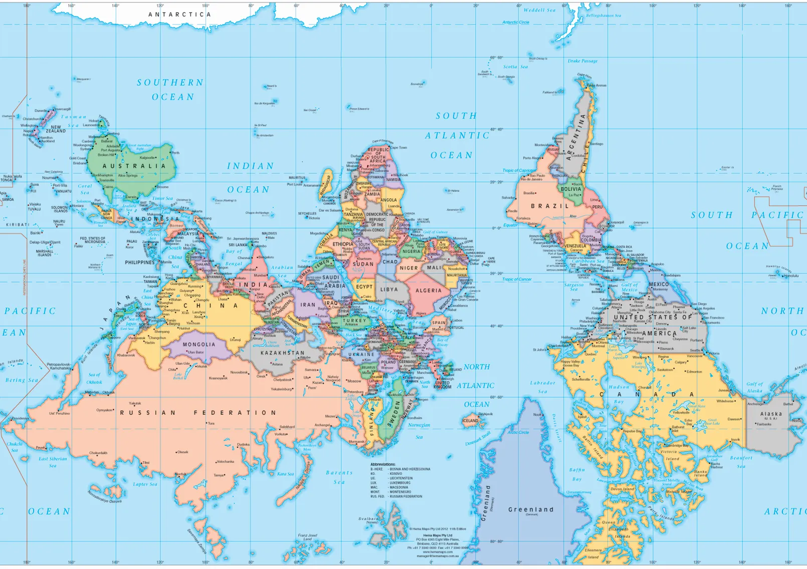 A world map drawn with south at the top