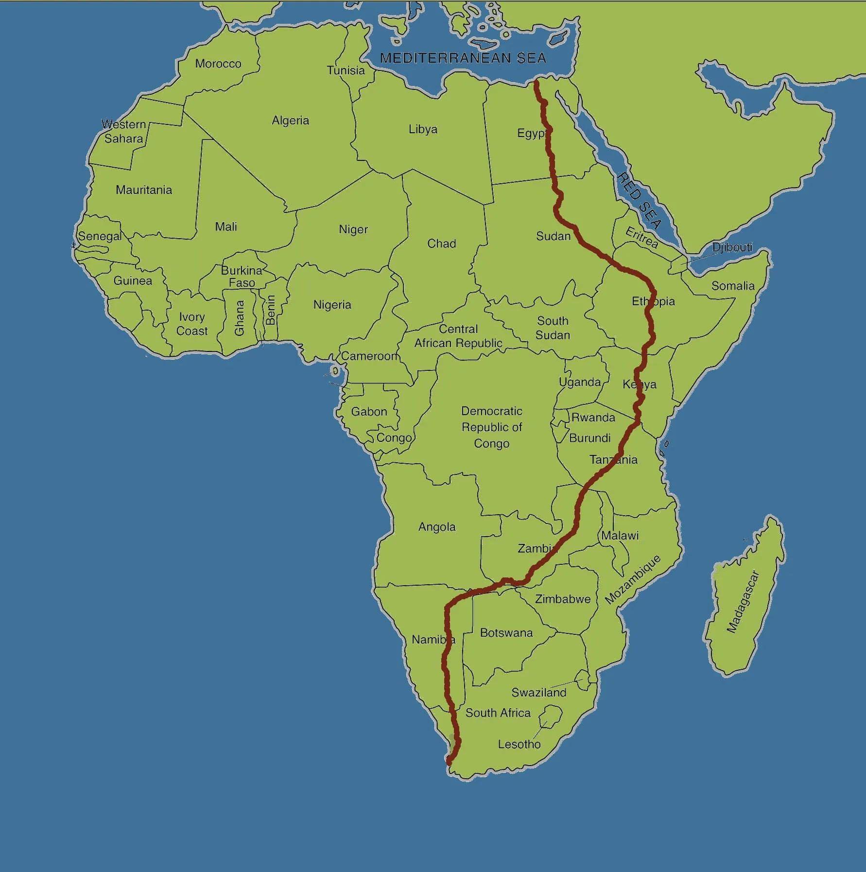 The route from Cape Town to Cairo, drawn on a map of Africa